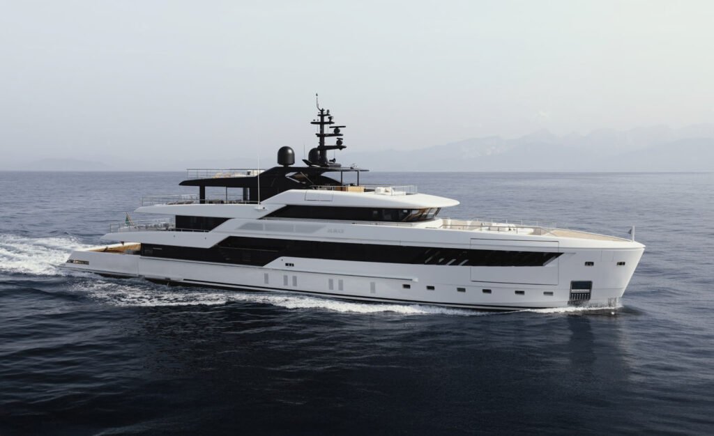 Steel yacht for sale, at anchor