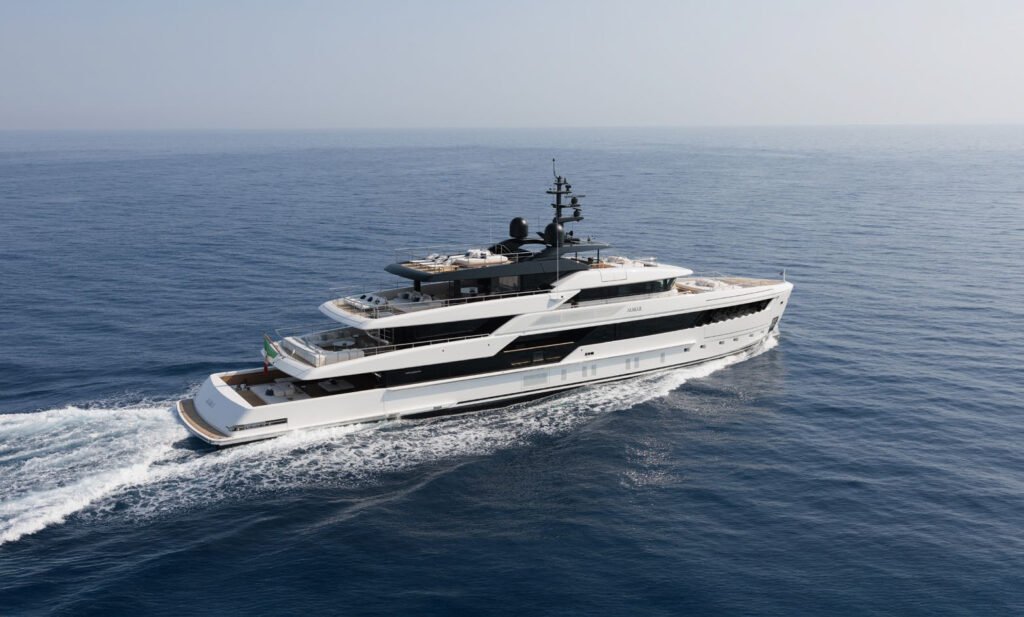Steel yacht for sale, exterior on the water