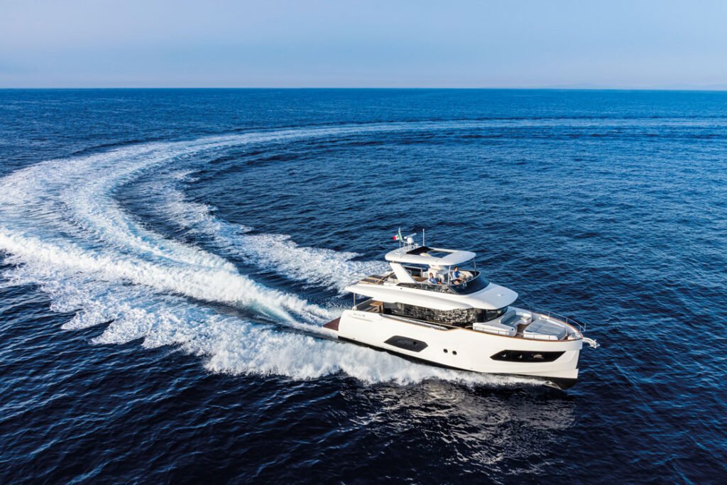 18 metre semi displacement yacht from Italy at anchor
