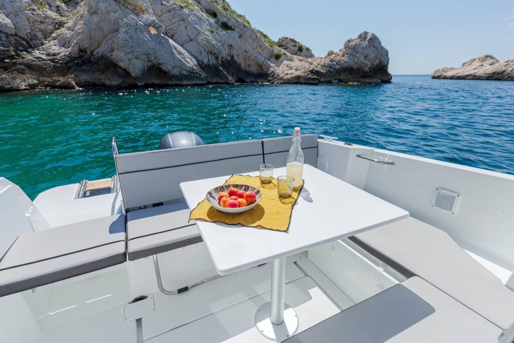 16 guest French outboard yacht interior, modern open layout