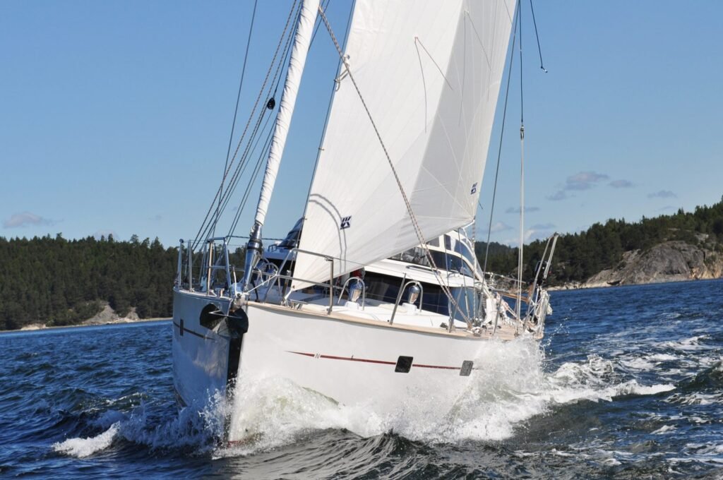 18 metre 3 cabin Swedish built yacht for sale, at anchor in calm waters