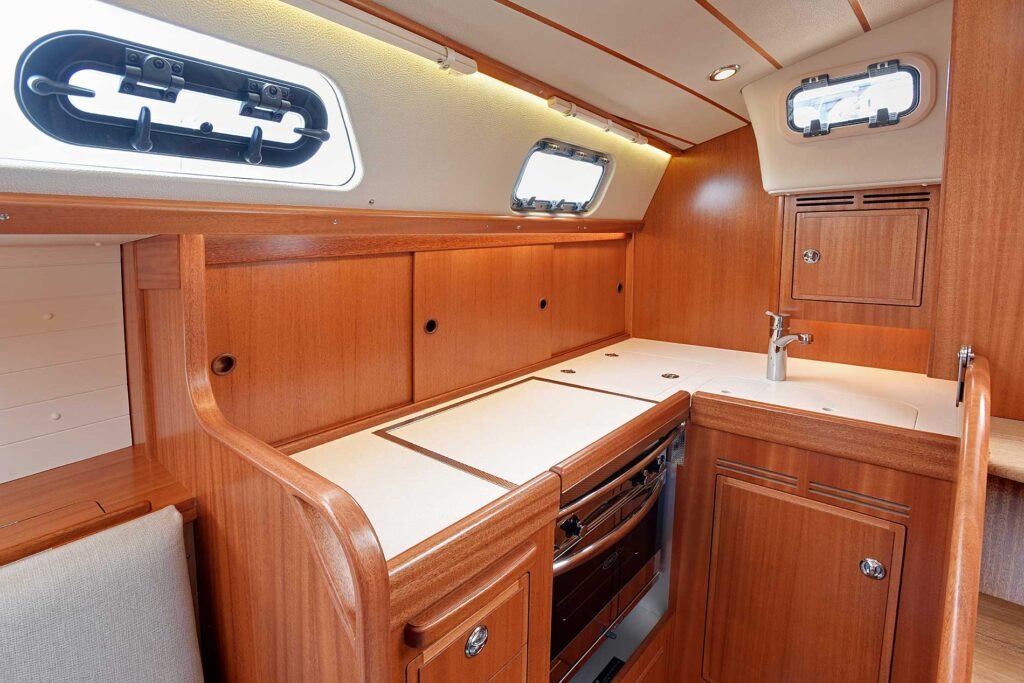Hallberg Rassy sailing yacht for sale, exterior on the water