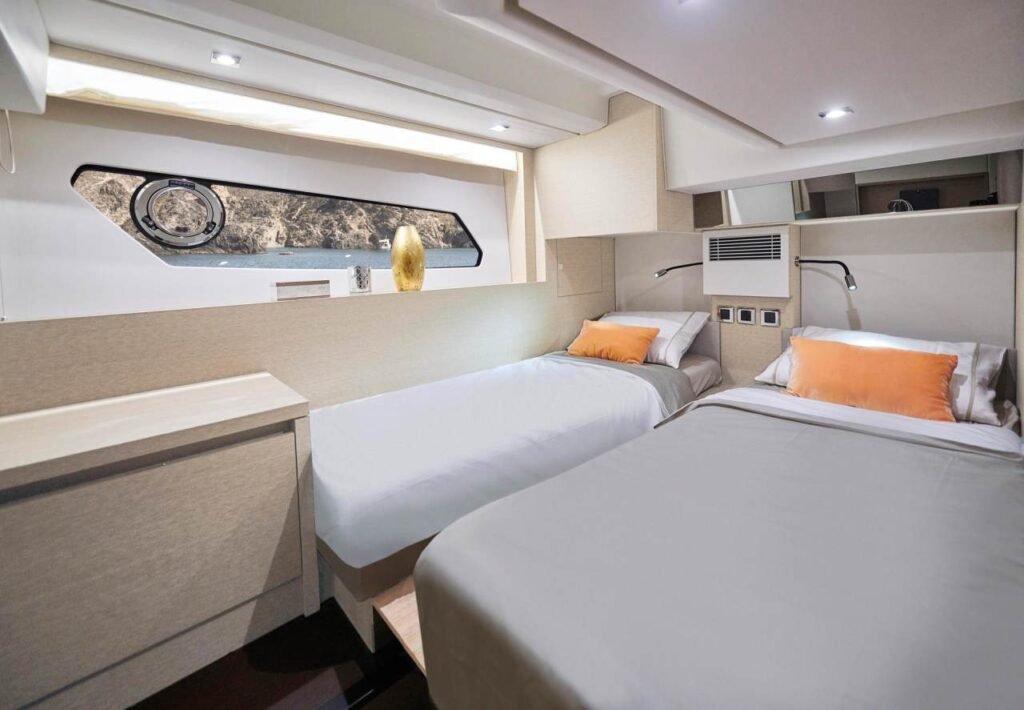 14 metre French built 16 guest yacht for sale, exterior on the water