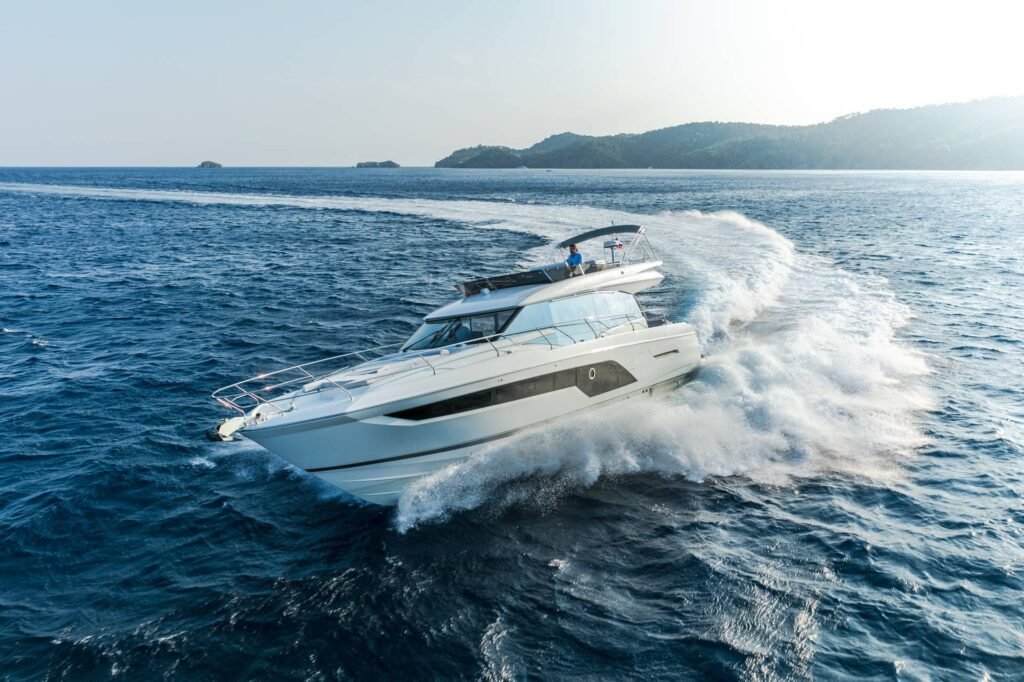 18 metre French planing yacht interior helm and living area