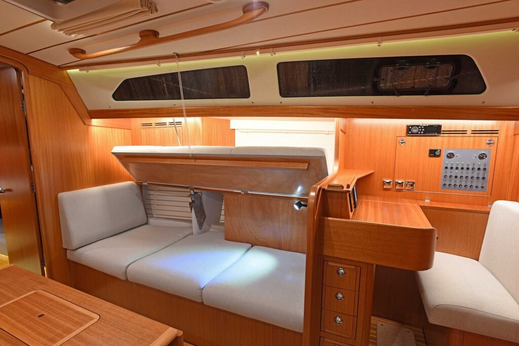 GRP displacement sailing yacht for sale, exterior on the water