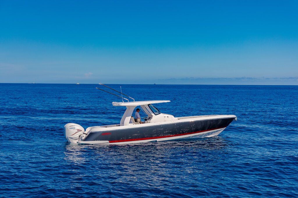 11 metre 8 guest center console yacht for sale, exterior on the water
