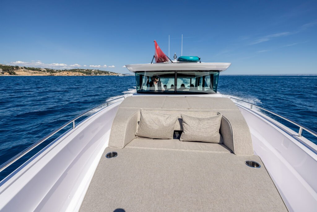 14 metre outboard planing yacht helm and interior