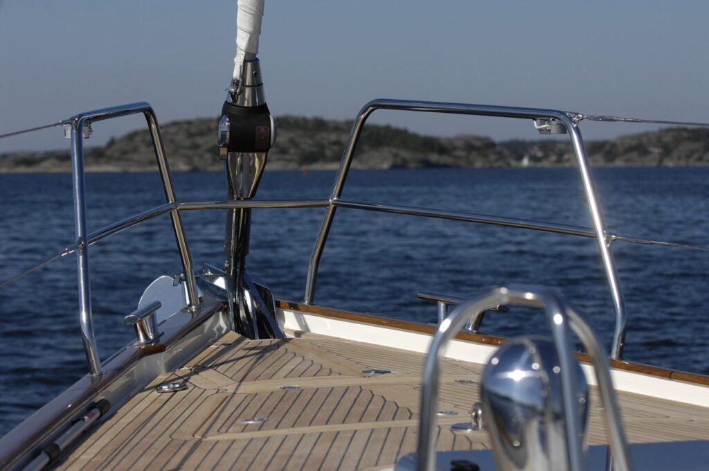najad displacement sailing yacht for sale, exterior on the water