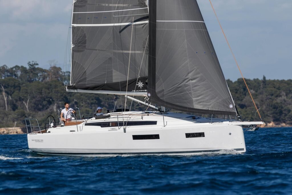 10 metre monohull from France at anchor, harbour setting