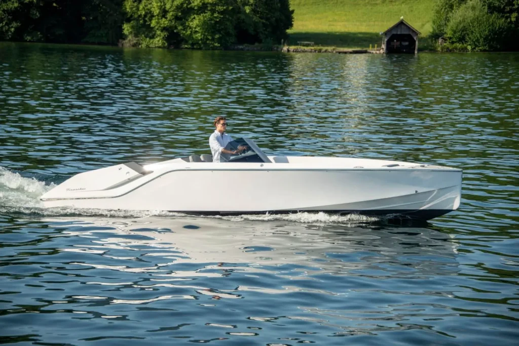 10 metre Austrian built planing hull yacht for sale, at anchor