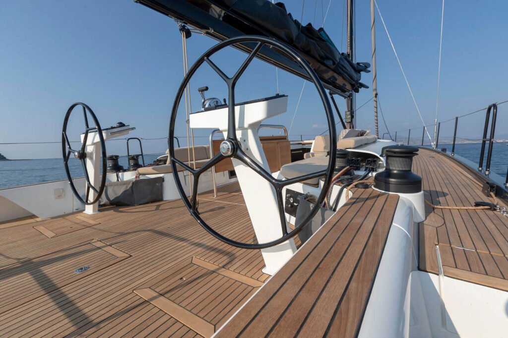 16m displacement sailing yacht for sale, exterior on the water