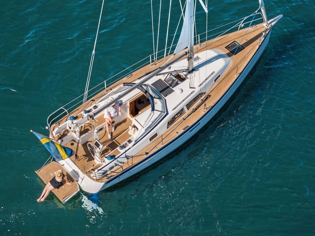 Swedish 10 metre yacht for 16 guests, clean interior styling