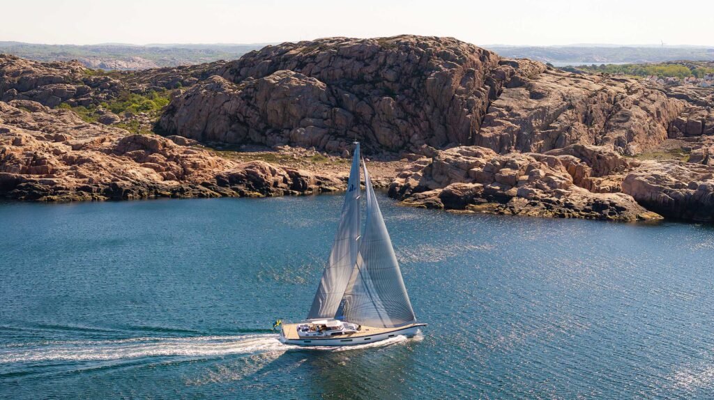 22 metre 3 cabin Swedish yacht for sale, exterior on the water