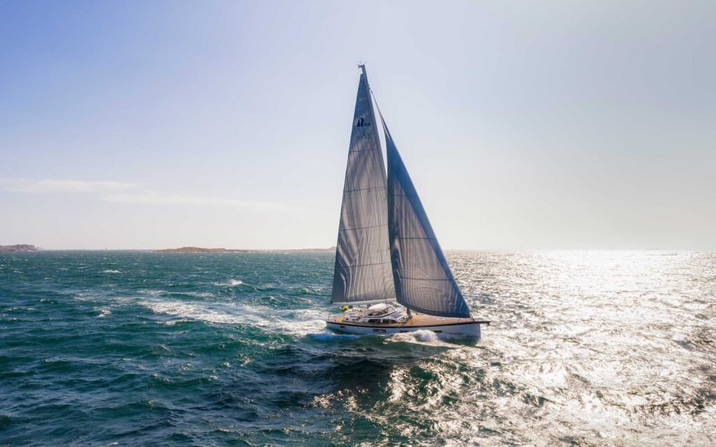22 metre 3 cabin Swedish yacht at anchor in calm waters