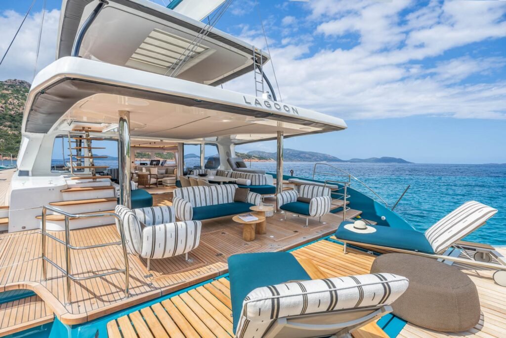 GRP sailing catamaran for sale, exterior on the water