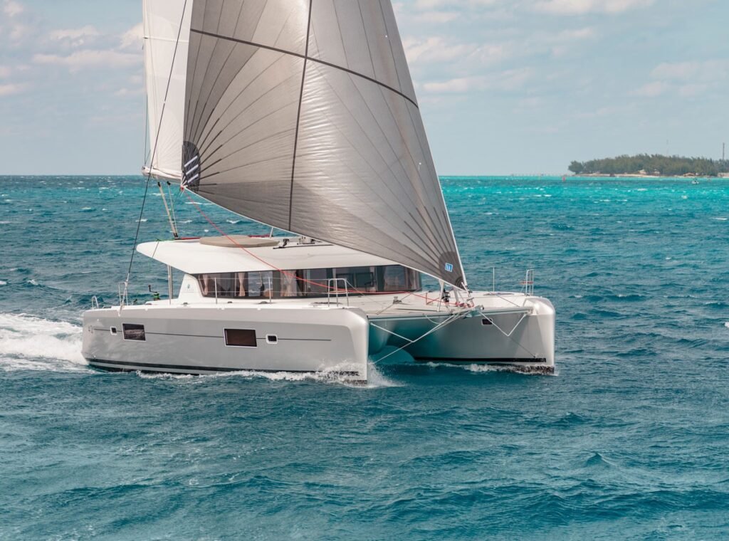 French built 13 metre saildrive yacht, at anchor in calm waters