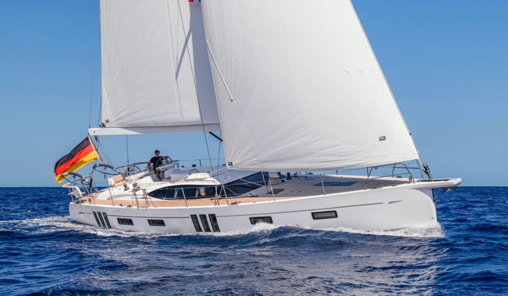 18 metre 3 cabin UK built yacht for sale, at anchor in calm waters