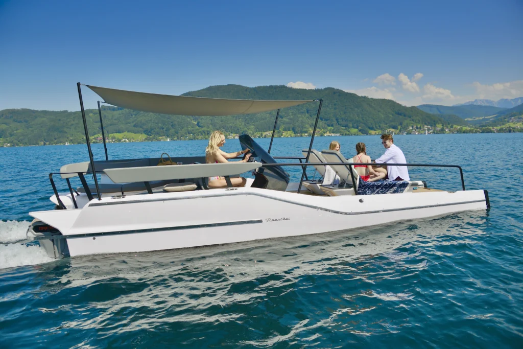 10 metre 8 guest Austrian built yacht for sale, exterior on the water