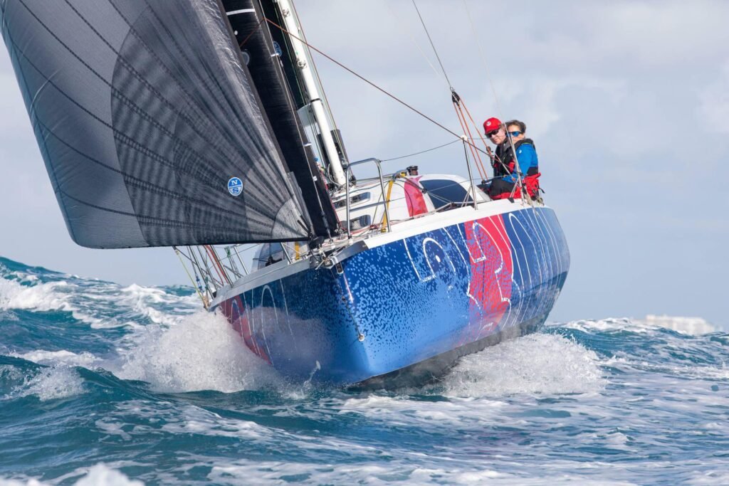 16 guest saildrive vessel at anchor off the French coast