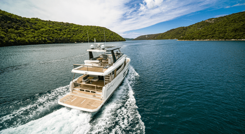 18 metre French trawler yacht cruising at displacement speed