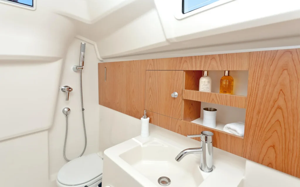2 cabin sailing yacht for 8 guests for sale, exterior on the water