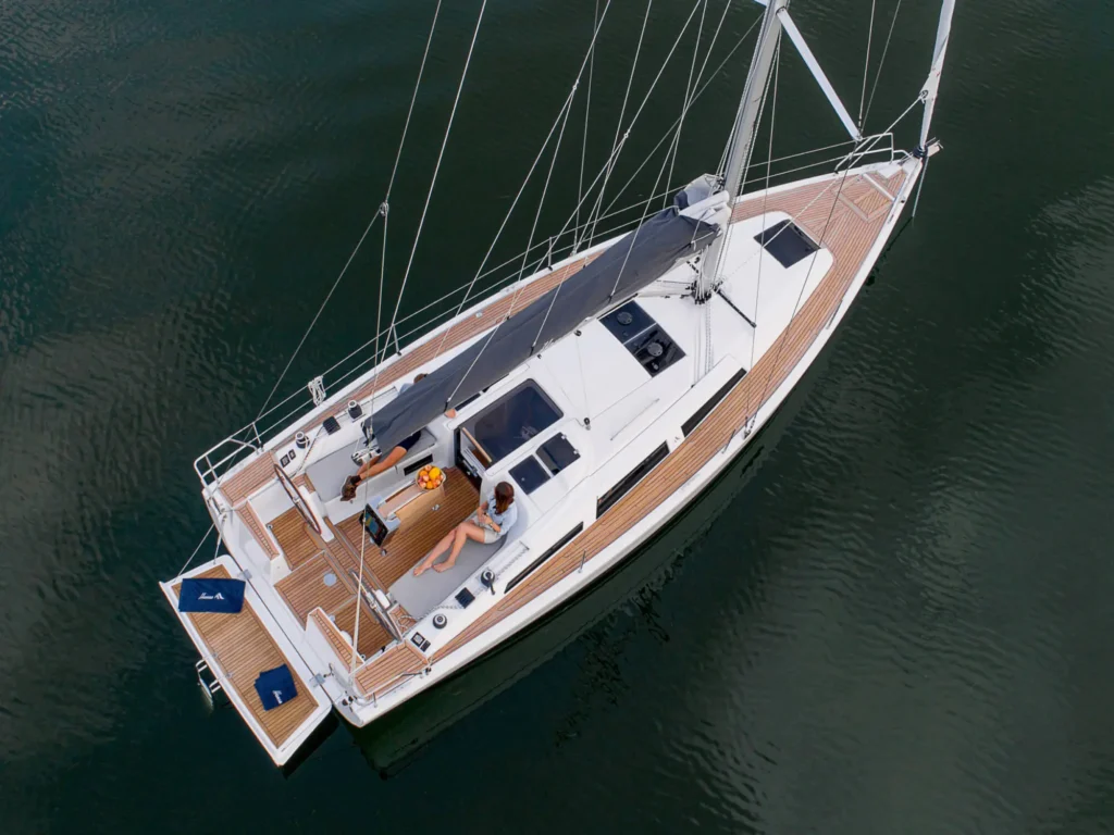 2 cabin 8 guest German built yacht for sale, at anchor