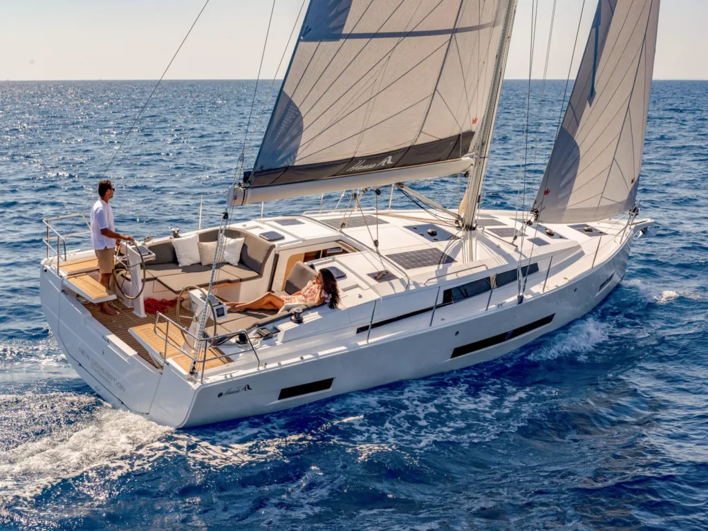 13 metre German monohull yacht for sale, exterior on the water