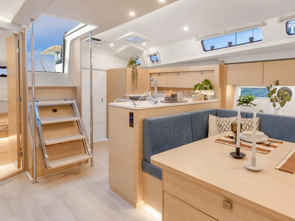 displacement sailing yacht for sale, exterior on the water