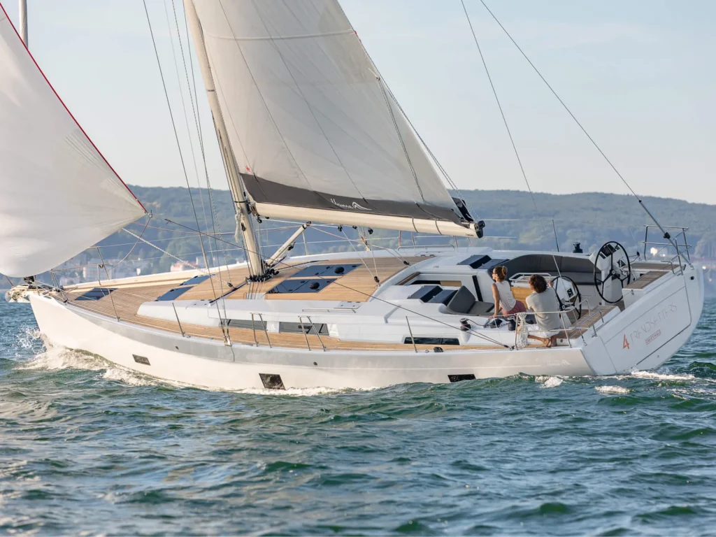 16 guest monohull from Germany, anchored with scenic backdrop