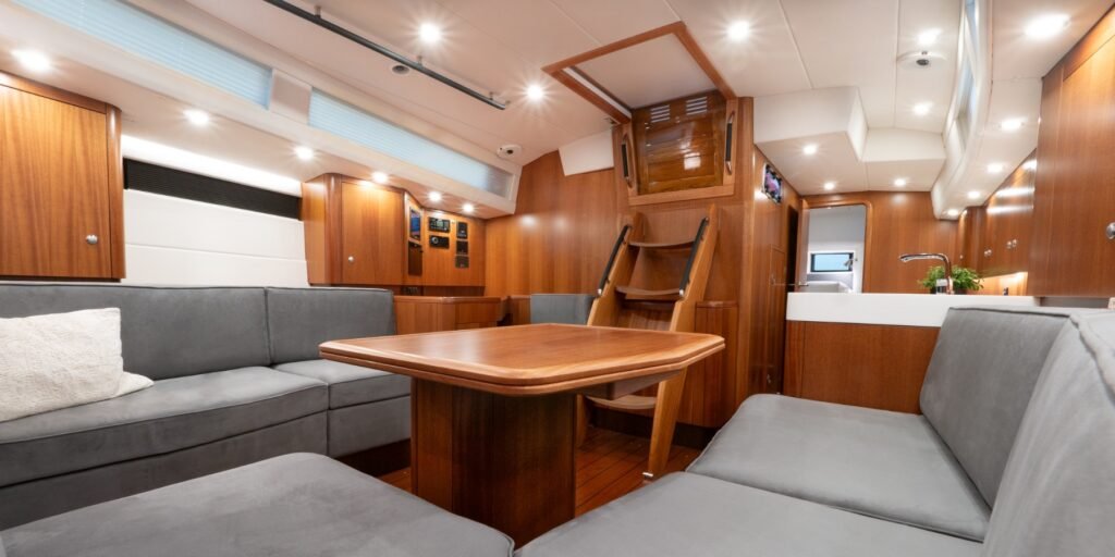 two cabin sailing yacht for sale, exterior on the water