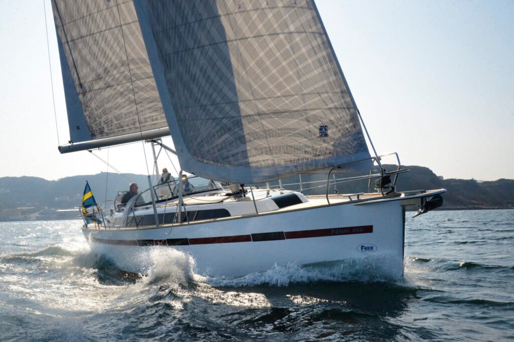 12 metre inboard semi displacement yacht, at anchor
