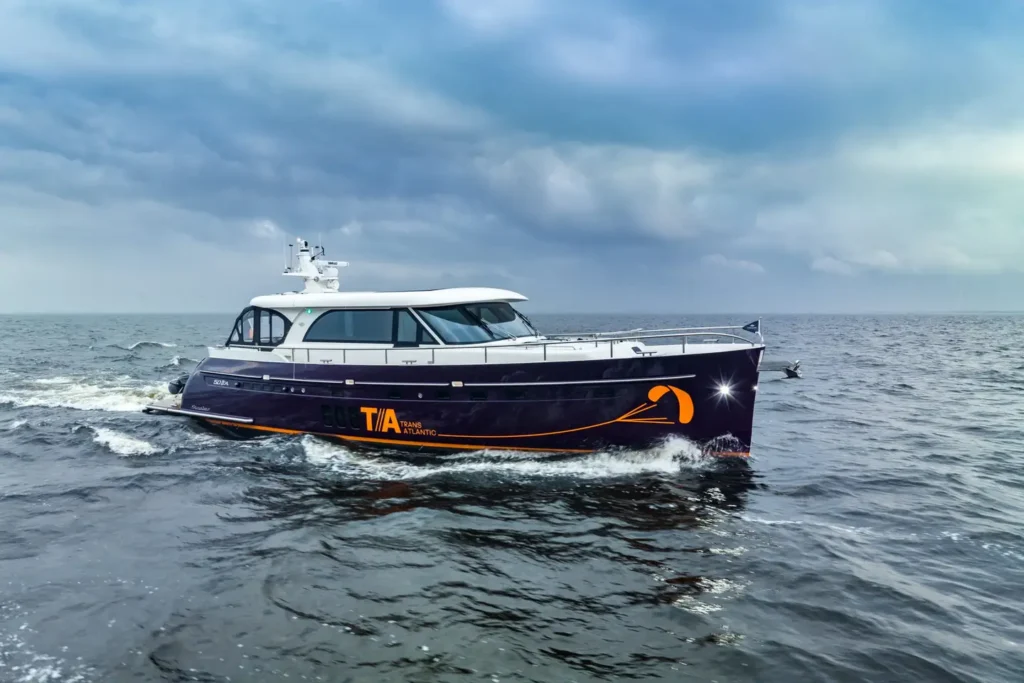16 metre Dutch steel yacht for sale, profile view on open water