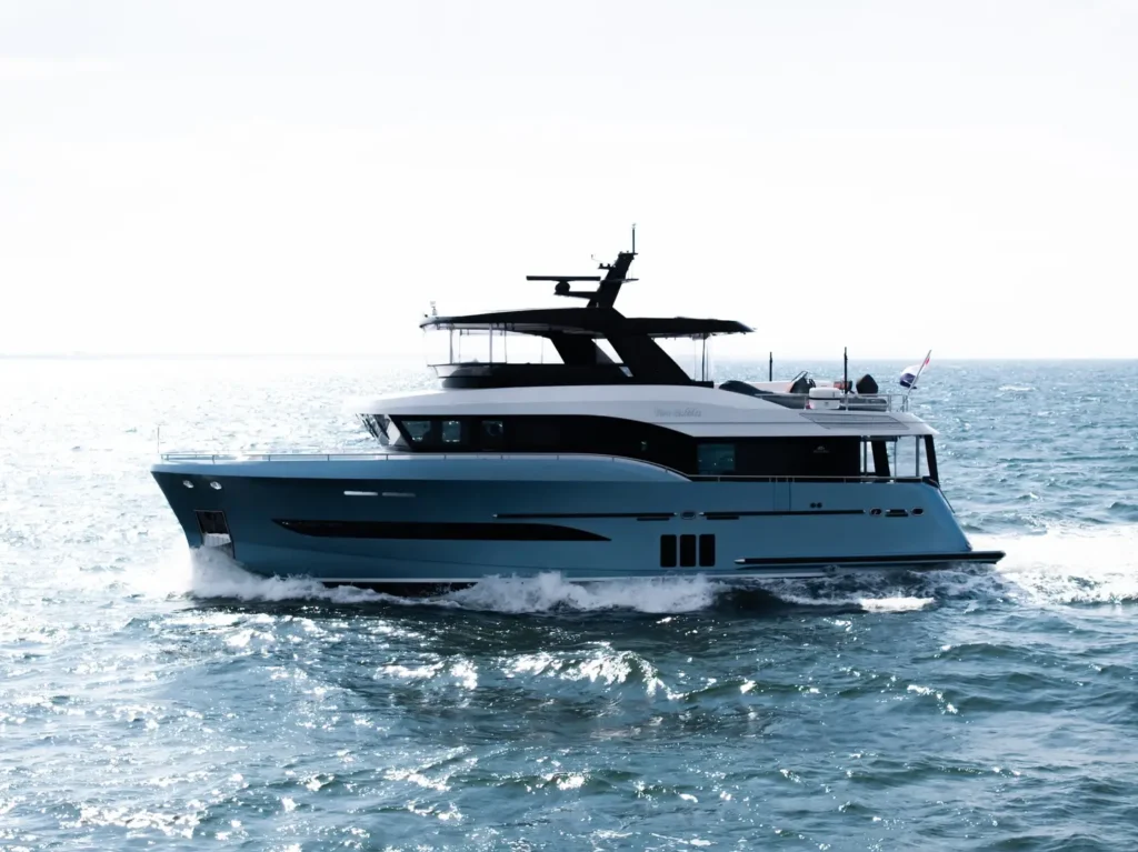 22 metre 4 cabin explorer yacht for sale, exterior on the water