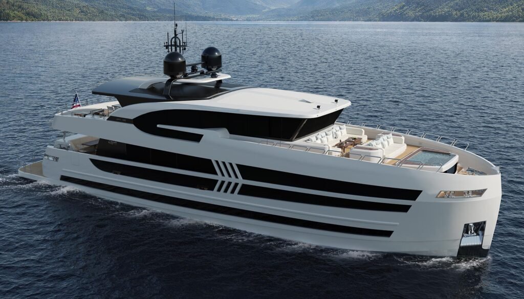 30 metre American built yacht for sale, exterior on the water