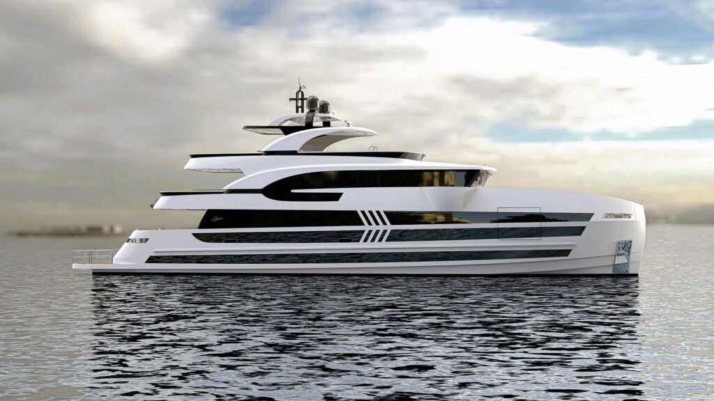 5 cabin American built yacht for sale, exterior on the water