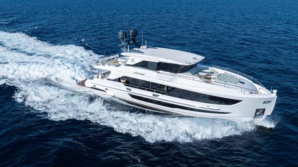 28 metre semi displacement yacht for sale, exterior on the water