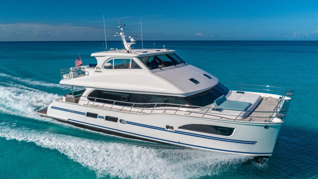 20 metre luxury catamaran yacht for sale, exterior on the water