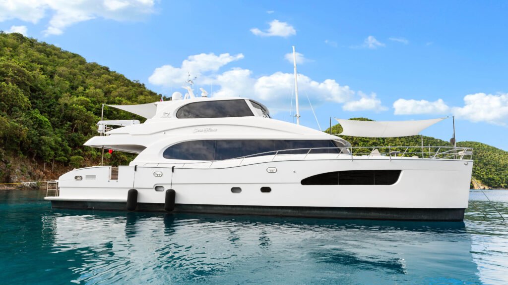 22 metre 4 cabin catamaran yacht for sale, exterior on the water