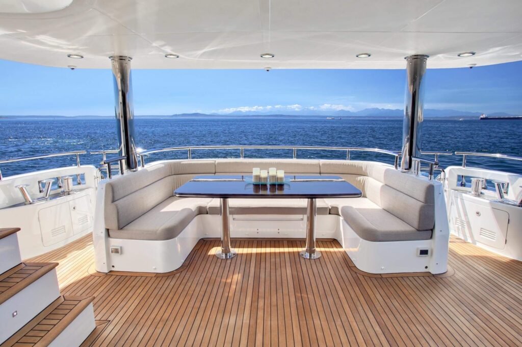 Chinese built steel motor yacht at anchor