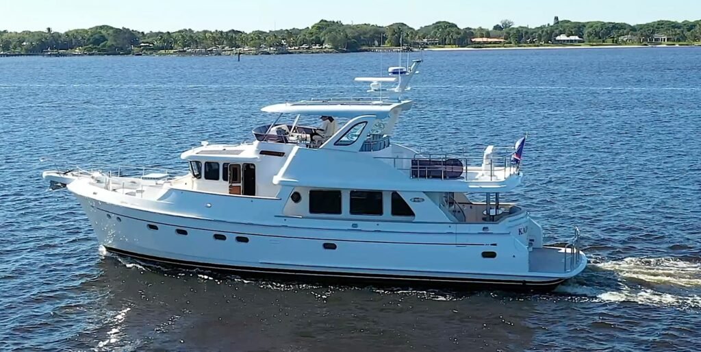18 metre semi displacement trawler yacht at anchor