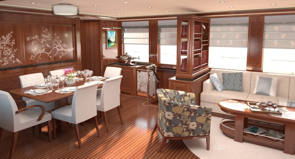 GRP semi displacement yacht for sale, salon and interior