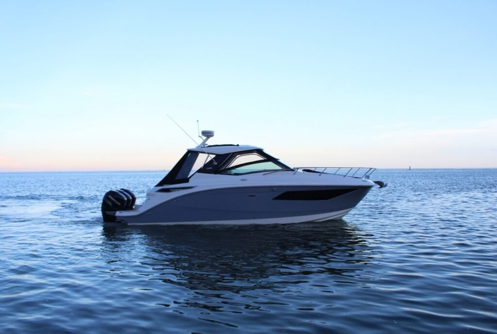 11 metre GRP luxury yacht anchored at sunset