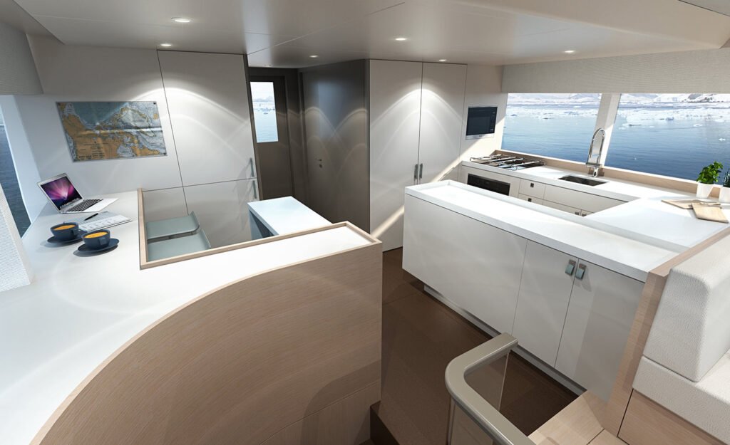 22 metre 4 cabin aluminium yacht at anchor in calm waters