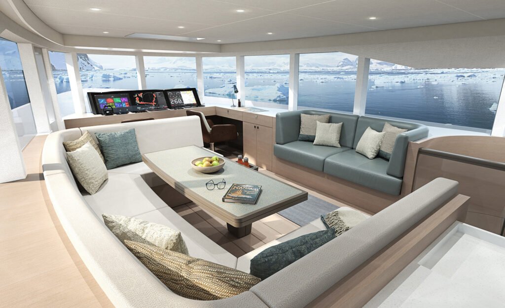 22 metre 4 cabin aluminium yacht for sale, exterior on the water