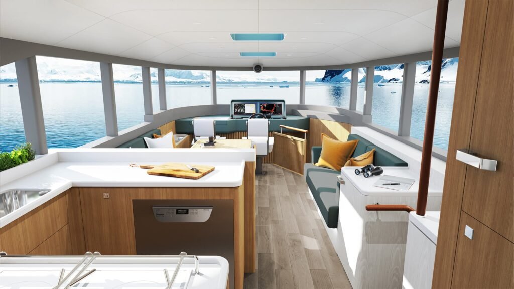 20 metre aluminium semi displacement yacht for sale, at anchor