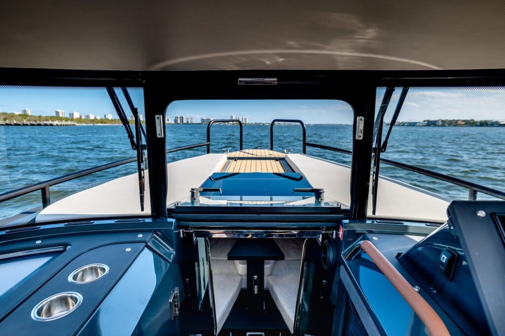 30 metre aluminium yacht for sale, exterior on the water