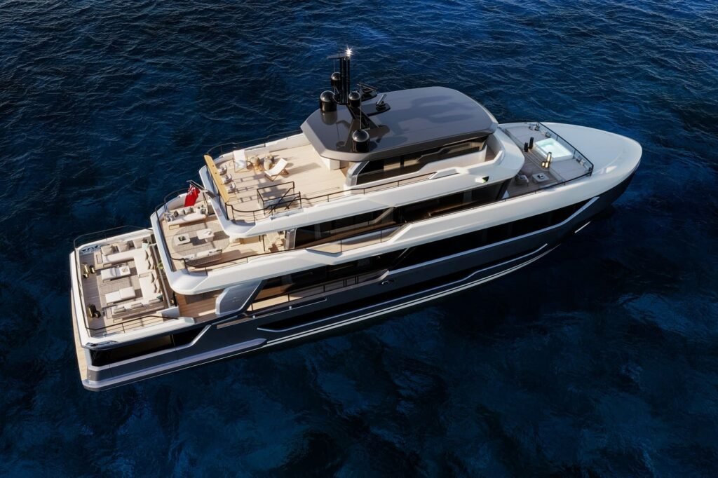 36 metre steel yacht at anchor in a sheltered bay
