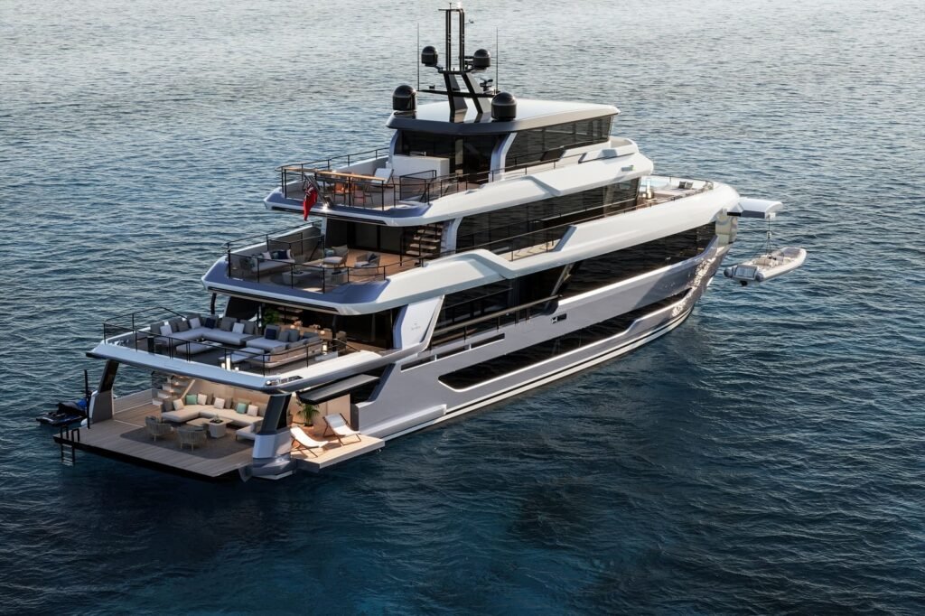 36 metre explorer yacht at anchor in a sheltered bay