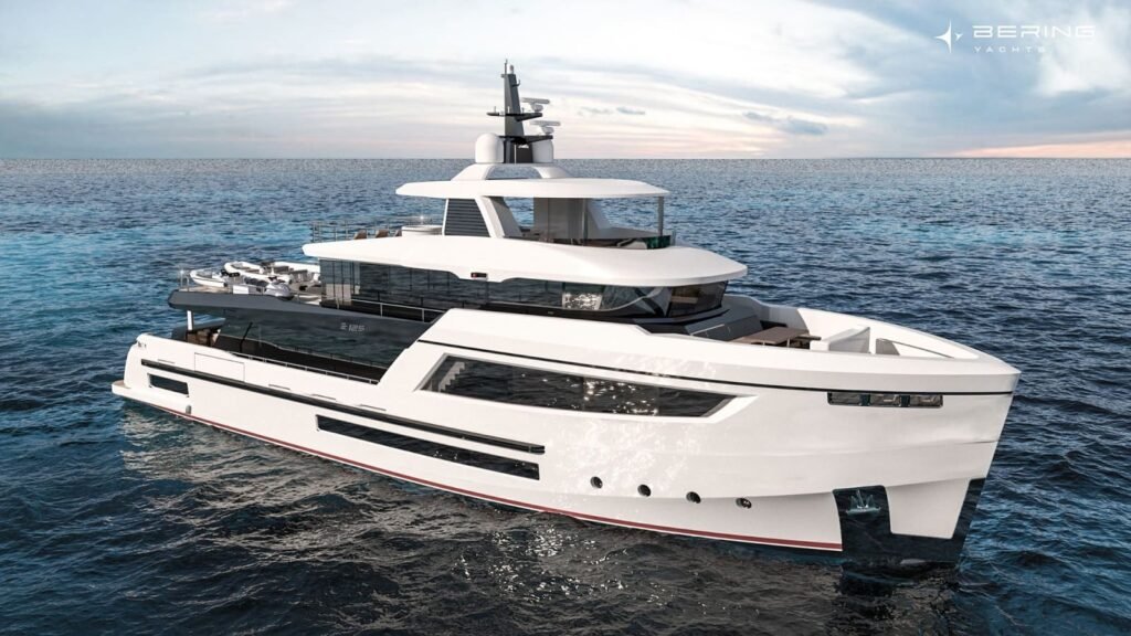 38 metre aluminium yacht for sale, exterior on the water