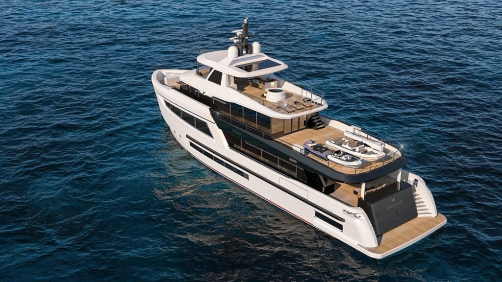 38 metre aluminium yacht at anchor in a sheltered bay